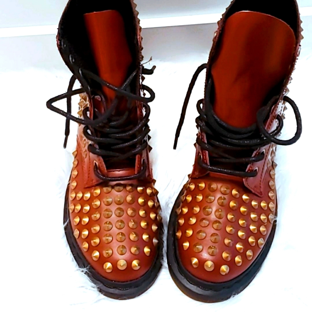 Dr. Martens Red Leather Studded Spike Combat Boots